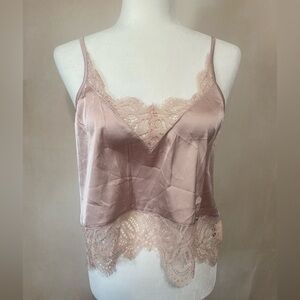 KAT women's M Kat the label blush camisole with lace trim and cross tie back NWT